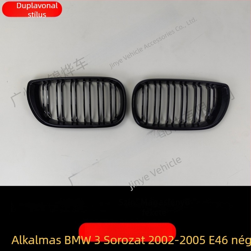 BMW 3-as sorozat E46 hűtőmaszk dupla rudakkal – ABS műanyag, szerelés a lökhárítóra, tömeg 520 g, kompatibilis 02–05 E46