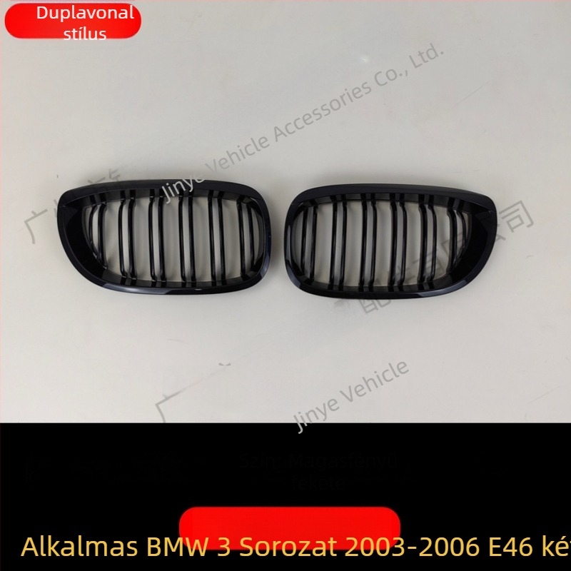 BMW 3-as sorozat E46 hűtőmaszk dupla rudakkal – ABS műanyag, szerelés a lökhárítóra, tömeg 520 g, kompatibilis 02–05 E46