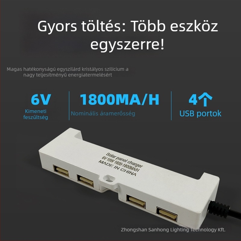 Napelemes USB csatlakozású hosszabbító lámpák töltésére, IP65, 6-15W, 6V, manuális kapcsoló, világítási idő 6-12 óra
