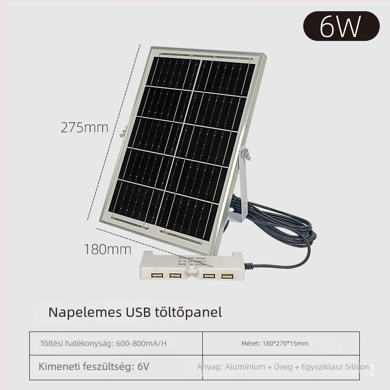 Napelemes USB csatlakozású hosszabbító lámpák töltésére, IP65, 6-15W, 6V, manuális kapcsoló, világítási idő 6-12 óra