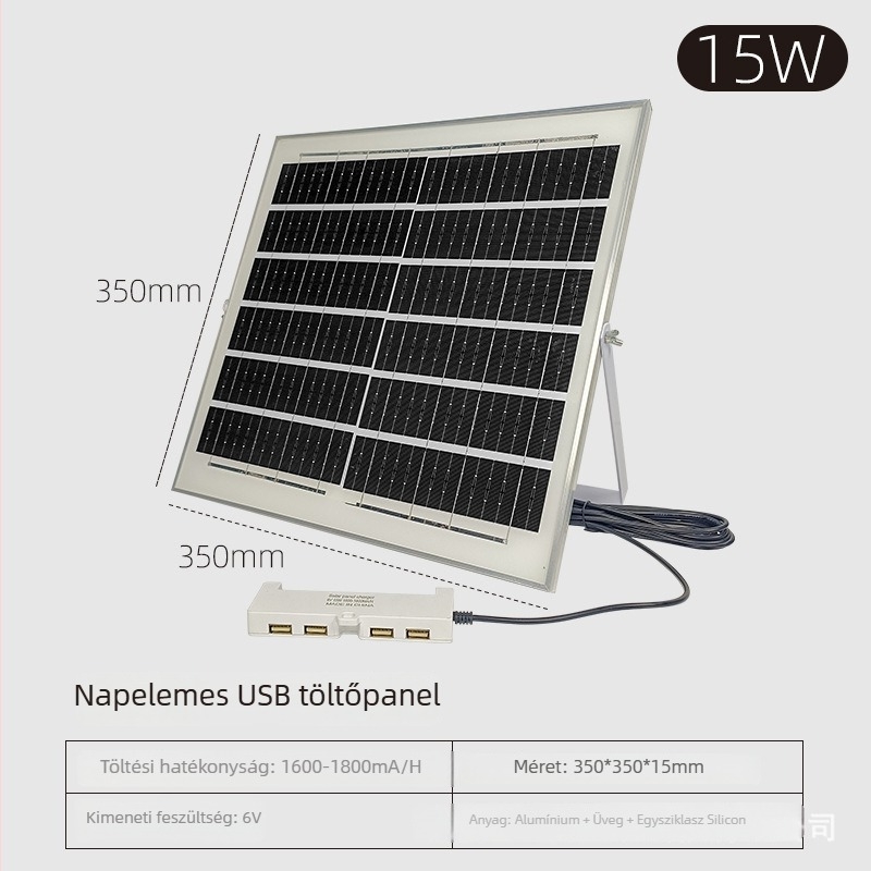 Napelemes USB csatlakozású hosszabbító lámpák töltésére, IP65, 6-15W, 6V, manuális kapcsoló, világítási idő 6-12 óra