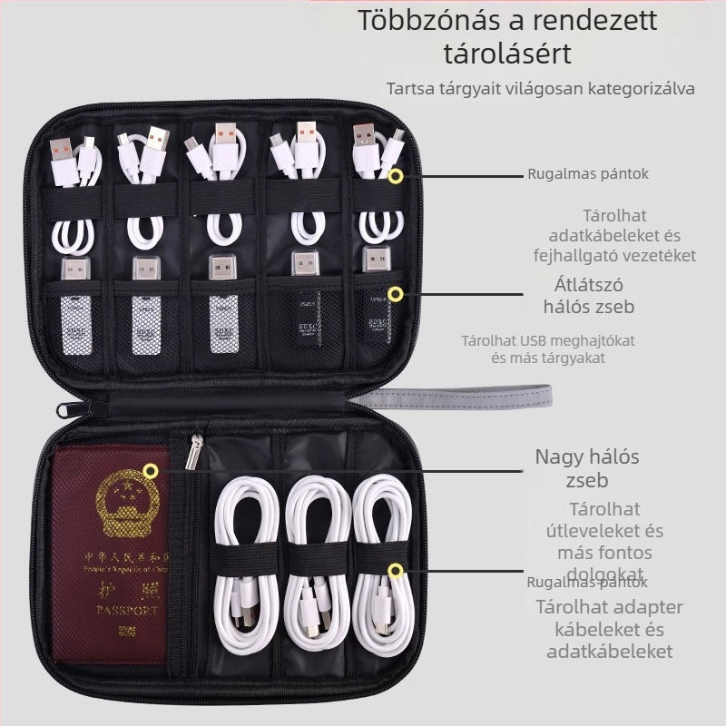 Adatkábelt tároló táska, modell 5009, kézben hordható formájú, bőrhatású anyag, könnyű lux stílus, multifunkcionális