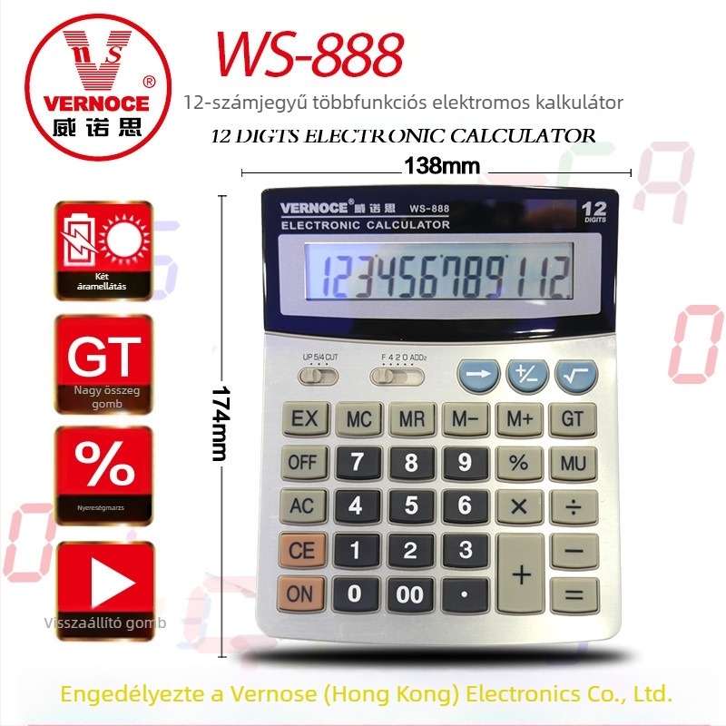 WS-888 Nagy gombos számológép könyveléshez, széles kijelzővel, irodai/üzleti használatra