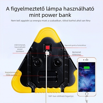 Autóhoz való háromlábú figyelmeztető jelzőtábla, tükröző LED világítással, ABS konstrukció, 5V tápegység