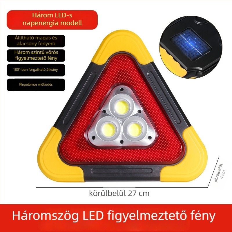 Autóhoz való háromlábú figyelmeztető jelzőtábla, tükröző LED világítással, ABS konstrukció, 5V tápegység