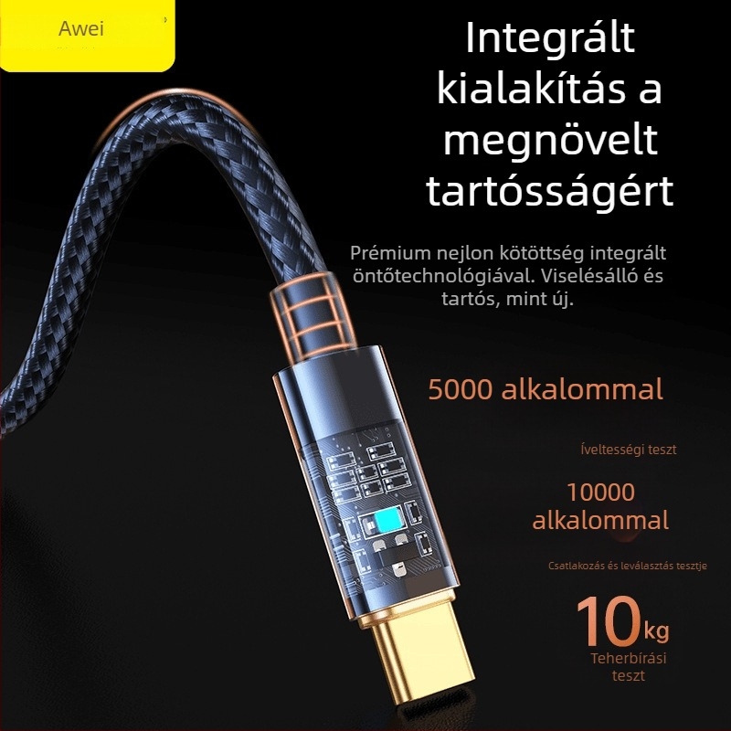 Awei Yongwei 100W gyors töltés adatkábel USB-C és Lightning - kettős interfész, gyors adatátvitel