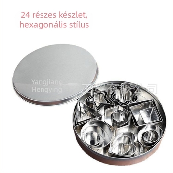 24 darabos rozsdamentes acél süteménykiszúró készlet süteményekhez, fondant és sütéshez; formák: szív, csillag, virág, négyzet, kör, háromszög, ovál, hexagon; HY-244