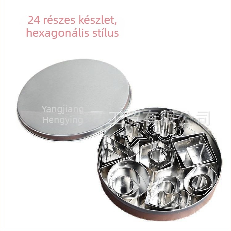24 darabos rozsdamentes acél süteménykiszúró készlet süteményekhez, fondant és sütéshez; formák: szív, csillag, virág, négyzet, kör, háromszög, ovál, hexagon; HY-244