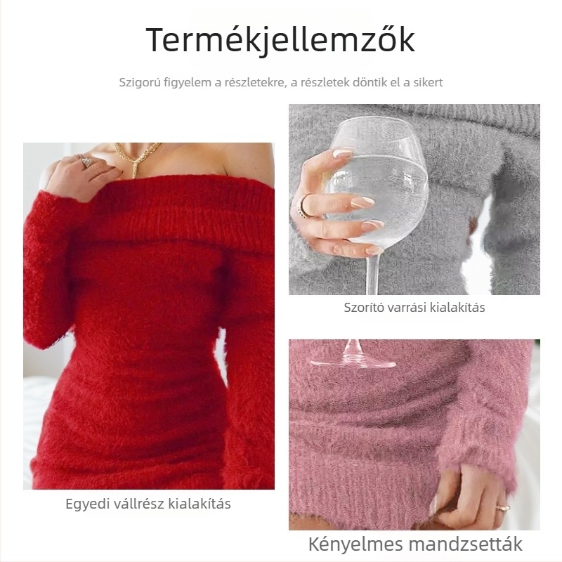 Váll nélküli ruha, hosszú ujjú, elasztikus derék, akril rostból, egyszínű mintázat