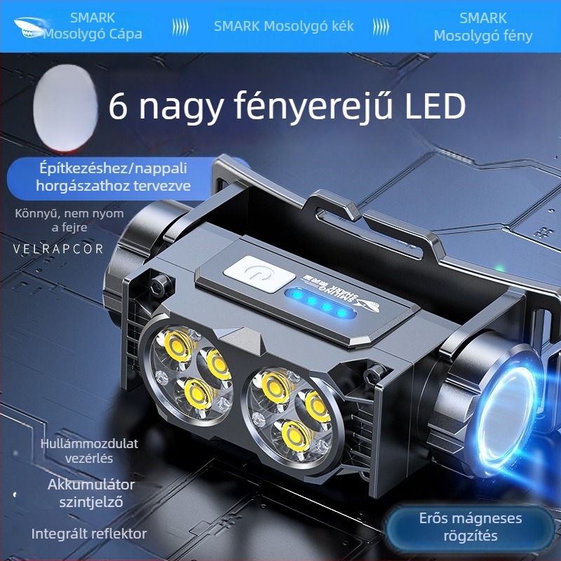 Fejlámpa beépített nagy kapacitású lítium akkumulátorral, vízálló, 97,5 g, rugalmas fejpánt