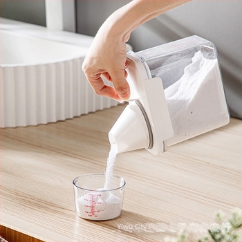 Műanyag mosópor tároló tartály mérőedénnyel, átlátszó, modern minimál-stílus, kapacitás 1100/1800/2300 ml