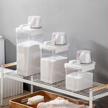Műanyag mosópor tároló tartály mérőedénnyel, átlátszó, modern minimál-stílus, kapacitás 1100/1800/2300 ml