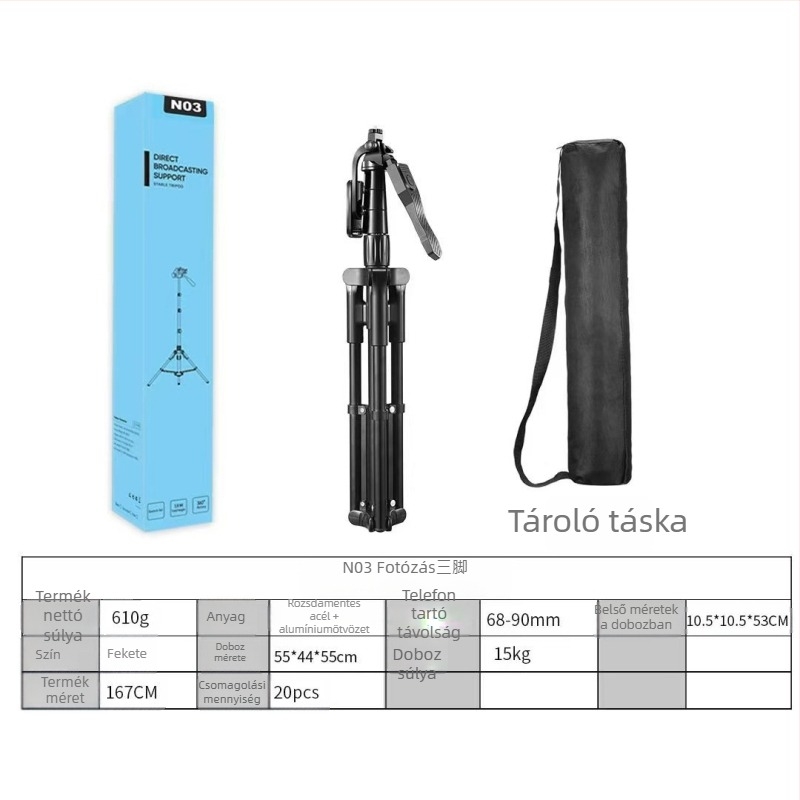 Háromtengelyes telefonos gimbal automata követéssel, alumínium padlóra álló állvány, 5 kg teherbírás, 2–3 szakaszos oszlop