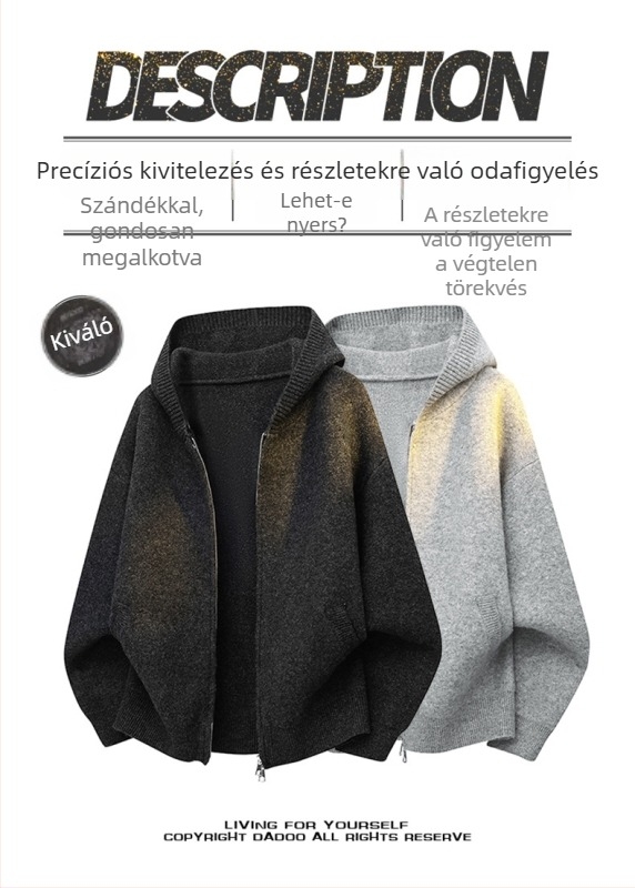 Férfi kapucnis kötött pulóver – lazább szabás, vastag kötés, Modal nyúlszőrrel, hosszú ujjú