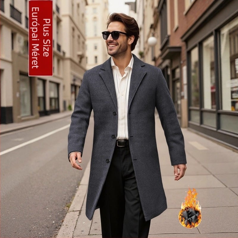 Férfi kabát tömörített melegséggel, karcsú szabás, lehajtható gallér, egysoros gombolás, középhosszú