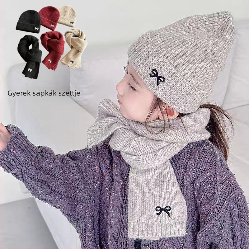 Gyerekeknek téli kötött sapka és sál készlet – hímzett masnival, kupola-stílusú sapka, meleg és szélálló