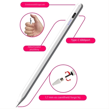 Universális kapacitív stylus toll, fémtestű kivitel, mágneses rögzítés, kompatibilis Apple, Samsung, Huawei és Xiaomi