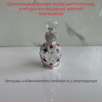 Üvegparfümös flakon diamants díszítéssel, szalonminőség, ónötvözetes kupak, fúvott formázás, Guangzhou eredetű