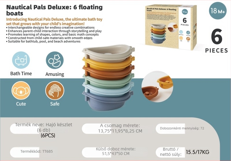 Fürdéshez való vízijátékok babáknak és totyogóknak – összerakható úszó csónakok, állatos ujjbábokkal (Anyag: műanyag; Funkció: csónakok egymásra rakása; Kategória: vízijátékok; Korosztály: 0–3 év)