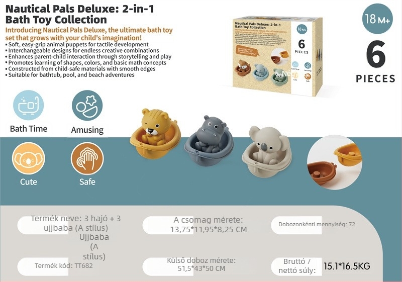 Fürdéshez való vízijátékok babáknak és totyogóknak – összerakható úszó csónakok, állatos ujjbábokkal (Anyag: műanyag; Funkció: csónakok egymásra rakása; Kategória: vízijátékok; Korosztály: 0–3 év)