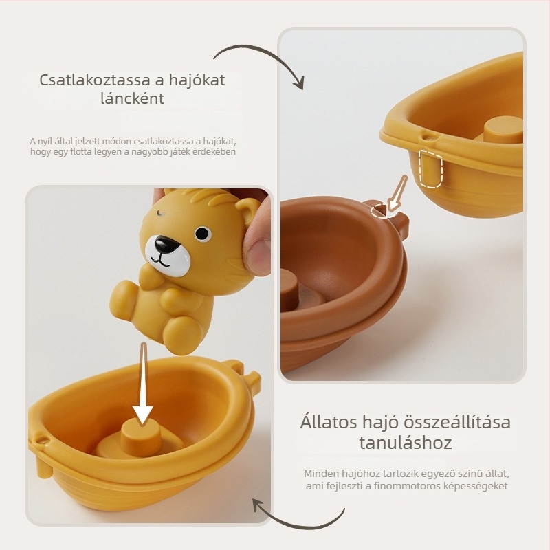 Fürdéshez való vízijátékok babáknak és totyogóknak – összerakható úszó csónakok, állatos ujjbábokkal (Anyag: műanyag; Funkció: csónakok egymásra rakása; Kategória: vízijátékok; Korosztály: 0–3 év)