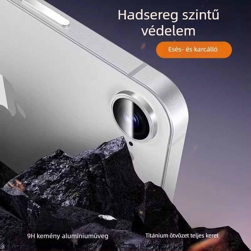 iPhone 16e kamera védő fólia edzett üveggel, fém kerettel – teljes lefedettség