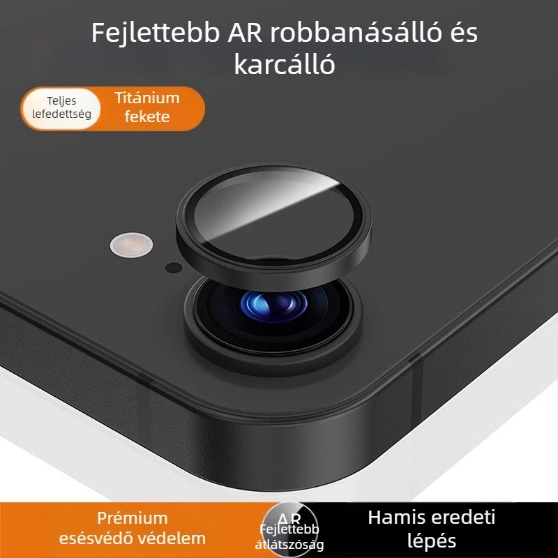 iPhone 16e kamera védő fólia edzett üveggel, fém kerettel – teljes lefedettség