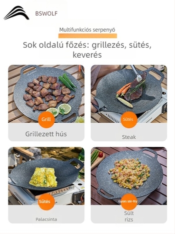 Kültéri kazettás gázégő grillserpenyő – hordozható, tapadásmentes, vasból készült; Márka: Bswolf (kempinghez)