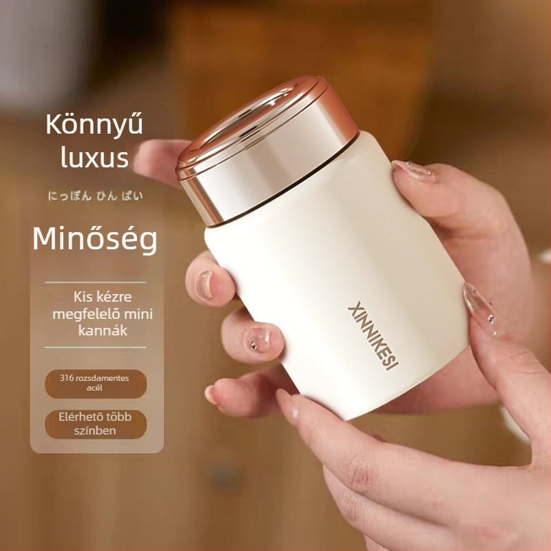 Mini termosz pohár nőknek, hordozható és kompakt, teavíz szétválasztó; belső 316 rozsdamentes acél, külső 304 rozsdamentes acél, vákuumos szigetelés 0–6 óra, testreszabható logó