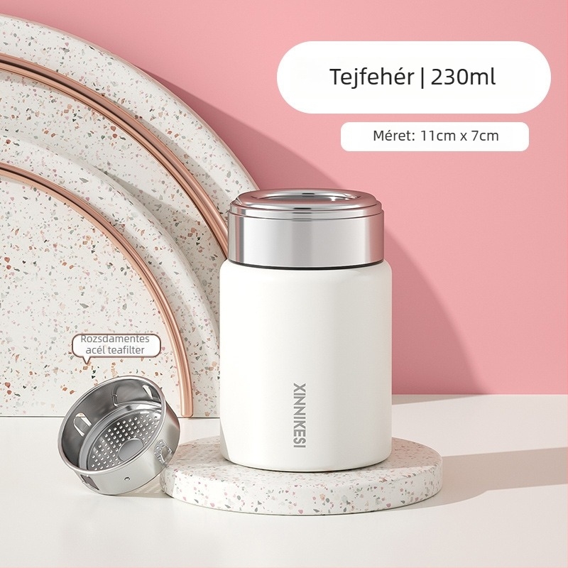 Mini termosz pohár nőknek, hordozható és kompakt, teavíz szétválasztó; belső 316 rozsdamentes acél, külső 304 rozsdamentes acél, vákuumos szigetelés 0–6 óra, testreszabható logó