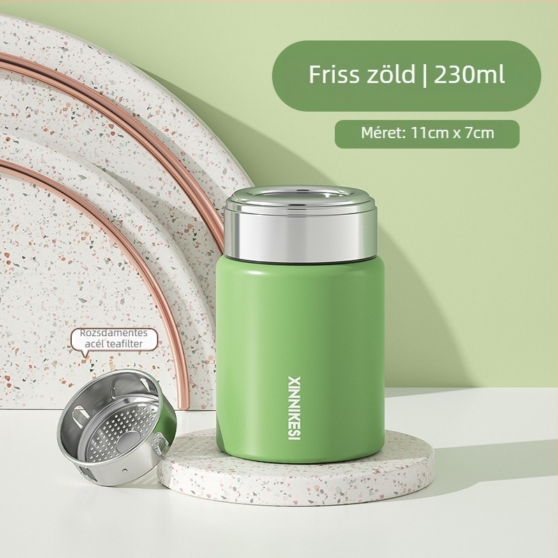 Mini termosz pohár nőknek, hordozható és kompakt, teavíz szétválasztó; belső 316 rozsdamentes acél, külső 304 rozsdamentes acél, vákuumos szigetelés 0–6 óra, testreszabható logó