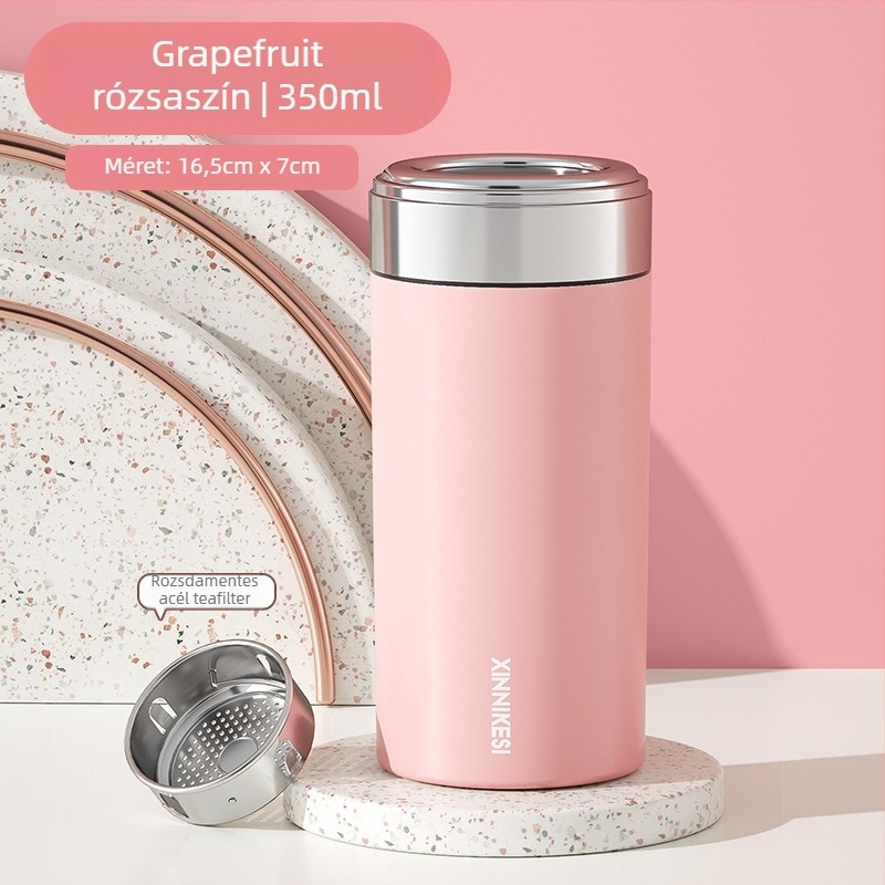 Mini termosz pohár nőknek, hordozható és kompakt, teavíz szétválasztó; belső 316 rozsdamentes acél, külső 304 rozsdamentes acél, vákuumos szigetelés 0–6 óra, testreszabható logó