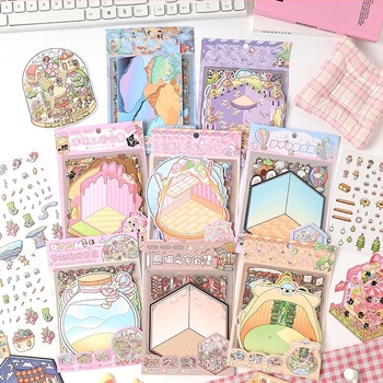 3D mini táj sticker kollekció - többszintes ház jelenet, DIY, rajzfilm-stílus, 12 db