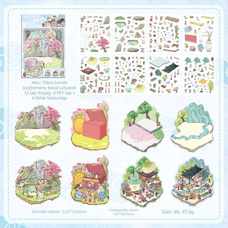 3D mini táj sticker kollekció - többszintes ház jelenet, DIY, rajzfilm-stílus, 12 db