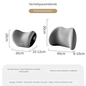 Autófej- és ágyéktámasz memóriahabos párna, szintetikus rostanyag, univerzális illeszkedés, testreszabási lehetőség, logónyomtatás