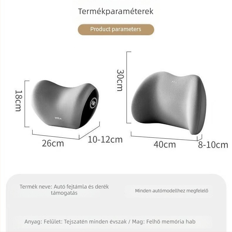 Autófej- és ágyéktámasz memóriahabos párna, szintetikus rostanyag, univerzális illeszkedés, testreszabási lehetőség, logónyomtatás