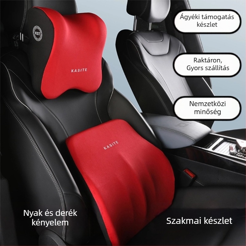 Autófej- és ágyéktámasz memóriahabos párna, szintetikus rostanyag, univerzális illeszkedés, testreszabási lehetőség, logónyomtatás