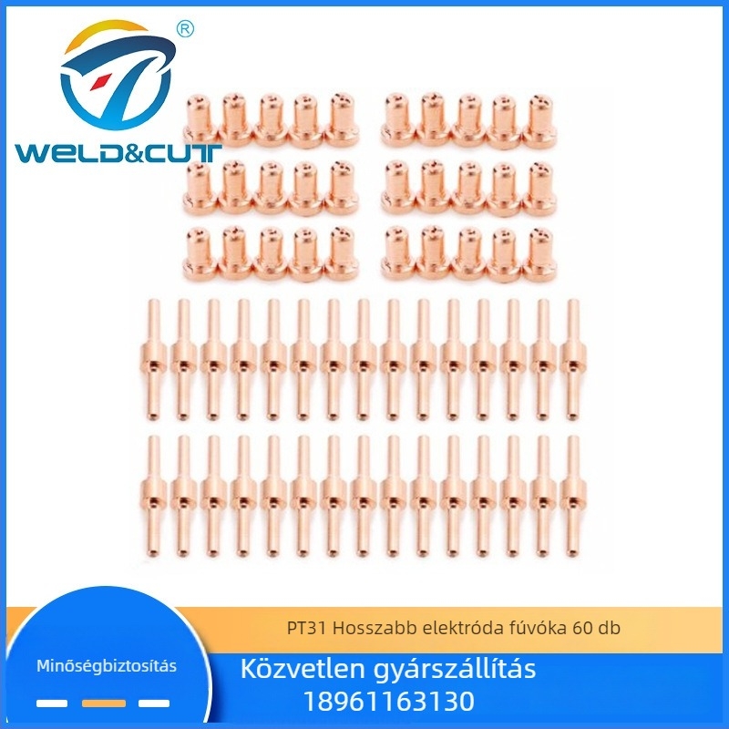 PT31 meghosszabbított elektróda fúvóka készlet, 60 darab, védő sapkával és elosztóval, vágási vastagság 1–15, levegő