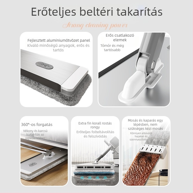 Otthoni használatra szánt lapos felmosó ultrafinom rostokkal, nyél rozsdamentes acélból, kettős meghajtású csavarás, 90–100% dehidratálás