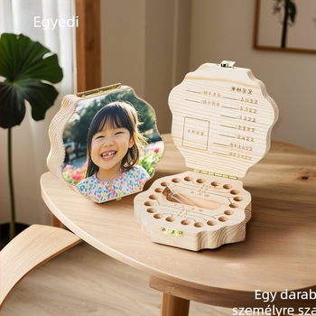 Fából készült baba tejfogak tároló doboz személyre szabható fedéllel és fénykép nyomtatással