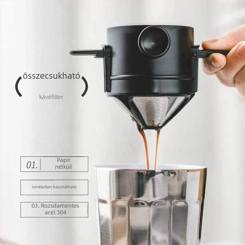 Rozsdamentes acél kávéfilter, kétszintes, hordozható kültéren, összecsukható műanyag fogantyúval