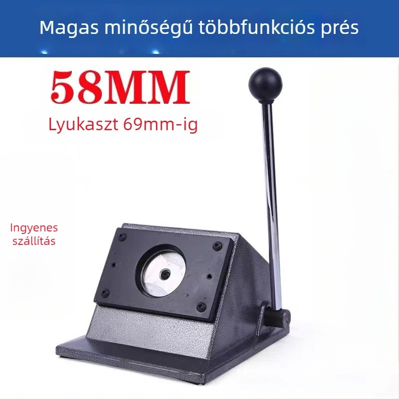 Ónlemez jelvény készítő vágógép – típus Buckle machine, modell New badge machine cutter, 58 mm jelvény vágó, reklámhoz és rendezvényekhez, tömeg 5 kg, mozgási sebesség 30.