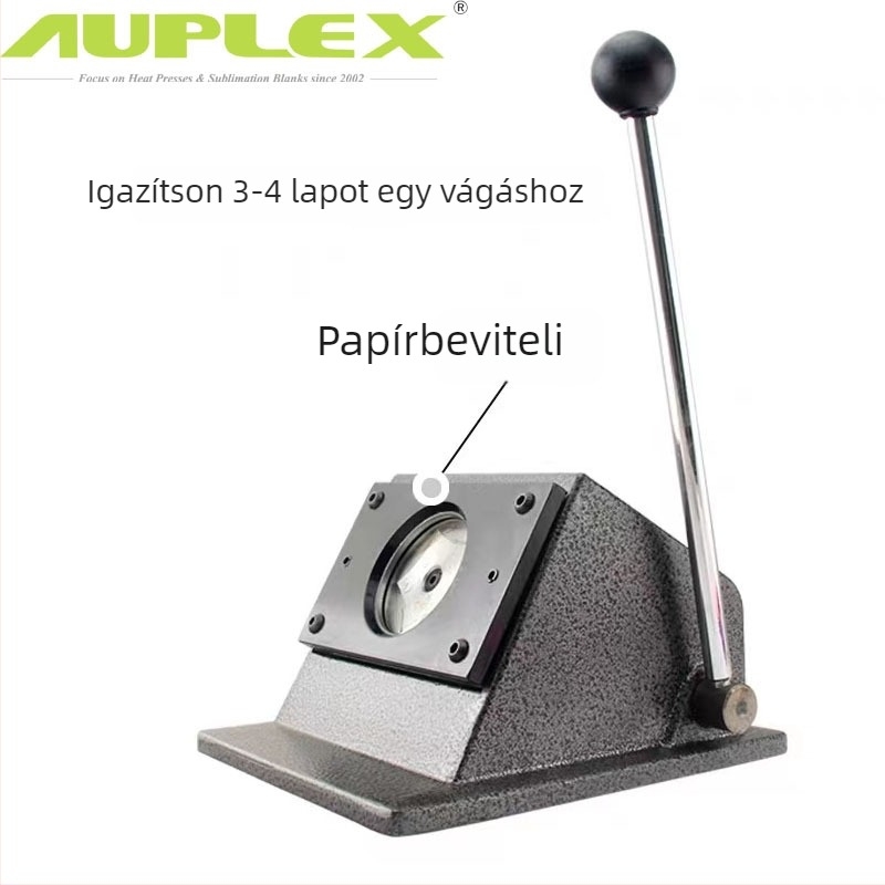 Ónlemez jelvény készítő vágógép – típus Buckle machine, modell New badge machine cutter, 58 mm jelvény vágó, reklámhoz és rendezvényekhez, tömeg 5 kg, mozgási sebesség 30.