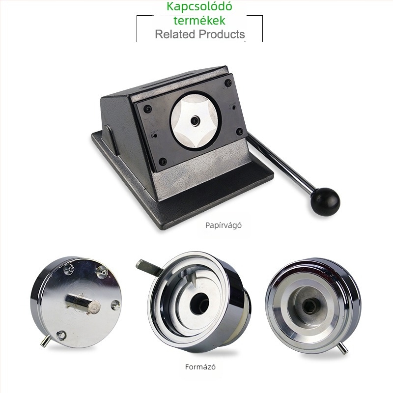 Ónlemez jelvény készítő vágógép – típus Buckle machine, modell New badge machine cutter, 58 mm jelvény vágó, reklámhoz és rendezvényekhez, tömeg 5 kg, mozgási sebesség 30.