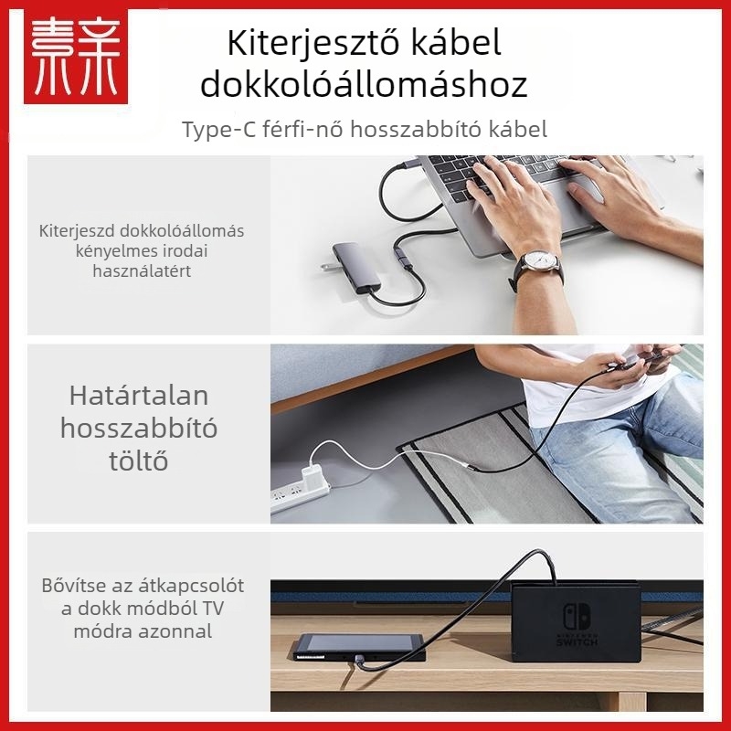 Type-C férfi–nő bővítő dokk 4K támogatással, PD 100W gyors töltés, nagy áramerősségű adatátvitel