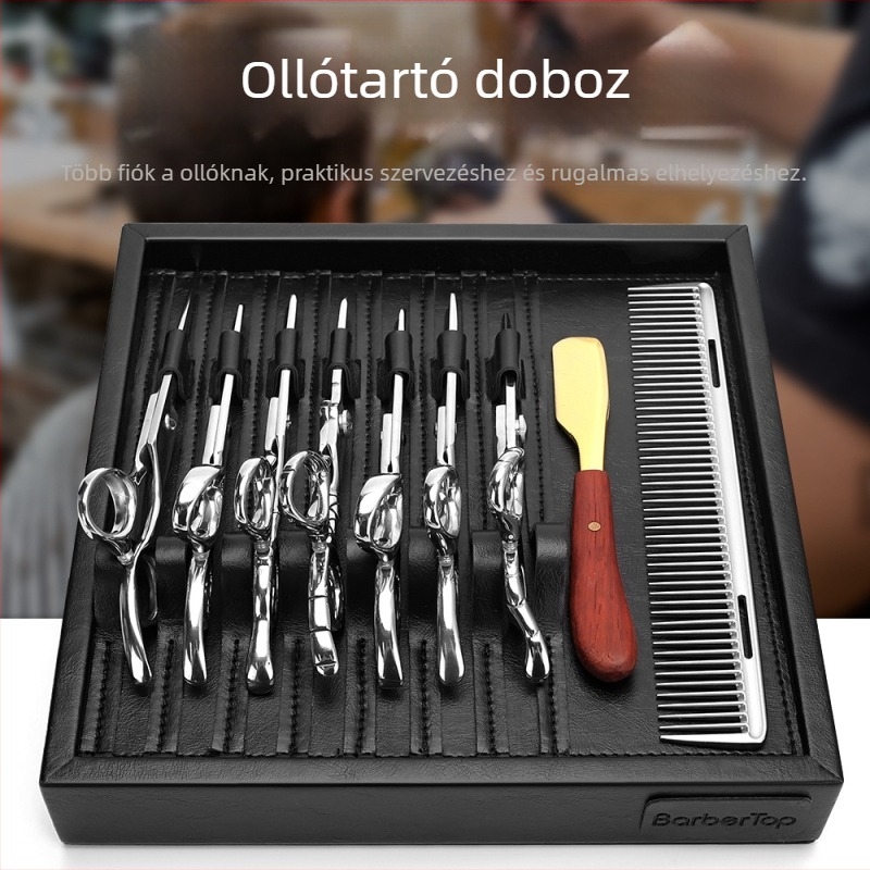 Bőrből készült fodrászati eszköz tároló doboz, 7 részes olló és fésű készlet