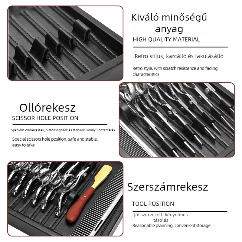 Bőrből készült fodrászati eszköz tároló doboz, 7 részes olló és fésű készlet