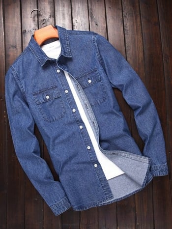 Denim ing cardigan-stílusban, hosszú ujjú, Turn-down gallér, karcsú szabás, 96% pamut