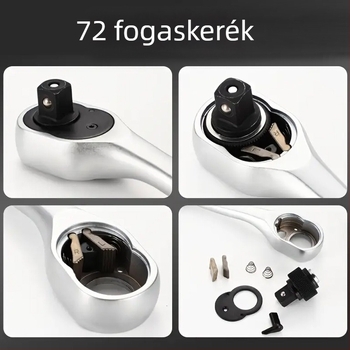 Kétirányú 72-dontos görbített fejű ráccsos kulcs, krómozott felület, króm-vanádium acélból