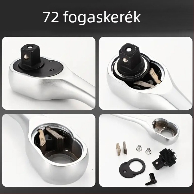 Kétirányú 72-dontos görbített fejű ráccsos kulcs, krómozott felület, króm-vanádium acélból